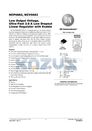 NCV5663DS15R4G datasheet - Low Output Voltage, Ultra−Fast 3.0 A Low Dropout Linear Regulator with Enable