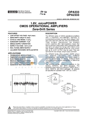 OPA333AIDCK datasheet - .8V, 17uA, 2uV, microPOWER CMOS Zero-Drift Series Operational Amplifier