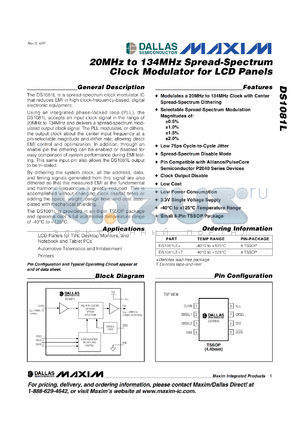 DS1081 datasheet - 20MHz to 134MHz Spread-Spectrum Clock Modulator for LCD Panels