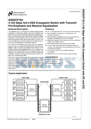 DS25CP104 datasheet - DS25CP104 - 3.125 Gbps 4x4 LVDS Crosspoint Switch with Transmit Pre-Emphasis and Receive Equalization