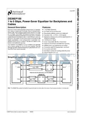 DS38EP100SDX datasheet - 1 to 5 Gbps, Power-Saver Equalizer for Backplanes and Cables from the PowerWise^ Family