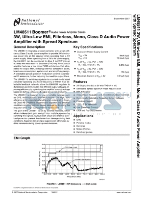 LM48511 datasheet - 3W, Ultra-Low EMI, Filterless, Mono, Class D Audio Power Amplifier with Spread Spectrum