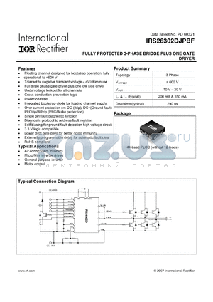 IRS26302D datasheet - Fully Protected 3 Phase Bridge plus One Gate Driver in a 44-Lead PLCC Package
