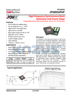 IP2005ATRPBF datasheet - High Frequency Synchronous Buck Optimized LGA Power Stage with Integrated Power Semiconductors, Driver IC, & Passives