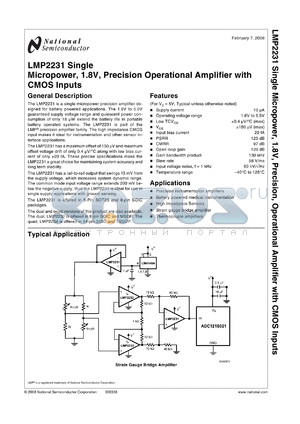 LMP2231AMAE datasheet - Single Micropower, 1.8V, Precision Operational Amplifier with CMOS Inputs from the PowerWise^ Family