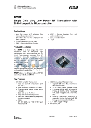 CC1010PAGRG3 datasheet - Integrated 300-1000 MHz RF Transceiver and Microcontroller