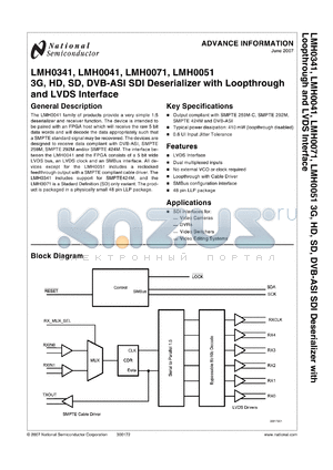 LMH0341SQX datasheet - 3G, HD, SD, DVB-ASI SDI Deserializer with Loopthrough and LVDS Interface