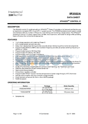 IR3502AMPBF datasheet - Complete VR11.0 or VR11.1 power solution