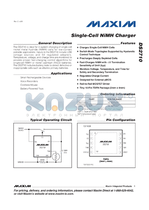 DS2710 datasheet - Charges NiMH from a USB Port Without Fear of Overcharging an Alkaline Cell