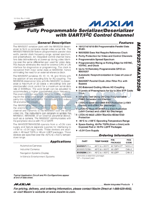 MAX9257GCM+ datasheet - Fully Programmable Serializer/Deserializer with UART/I2C Control Channel