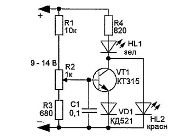 Схема индикатора заряда аккумулятора на светодиодах